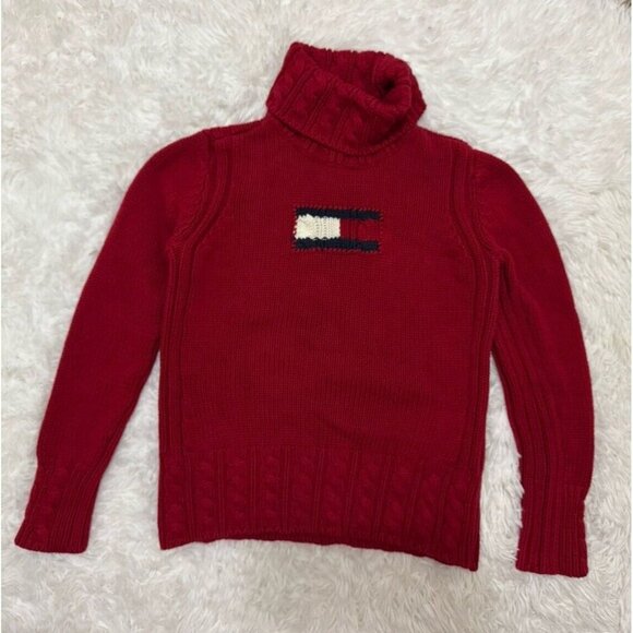 TOMMY HILFIGER VINTAGE Red Chunky Cable Knit Turtleneck Sweater MEDIUM Flag Y2k - Picture 1 of 9